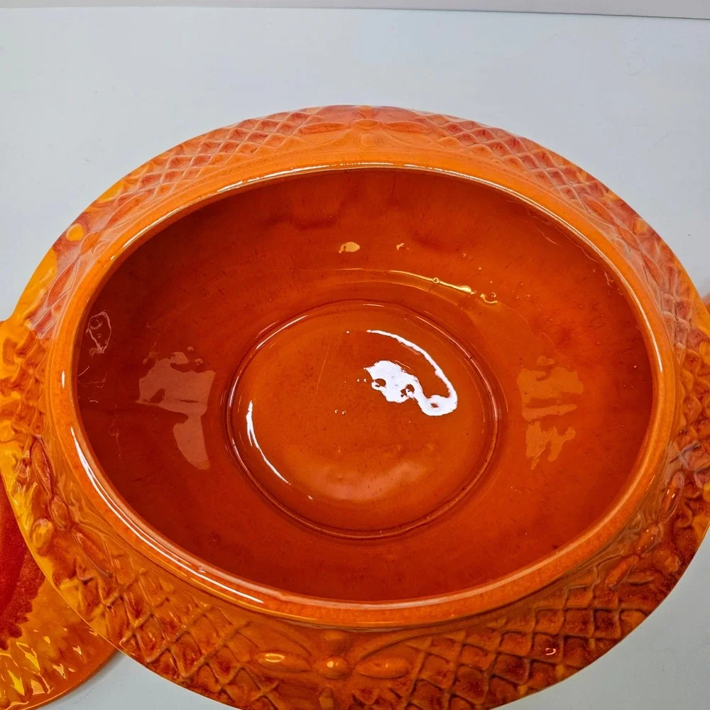 Vintage Orange Red Drip Glaze Ceramic Soup Tureen with Lid and Ladle 3pc Set MCM